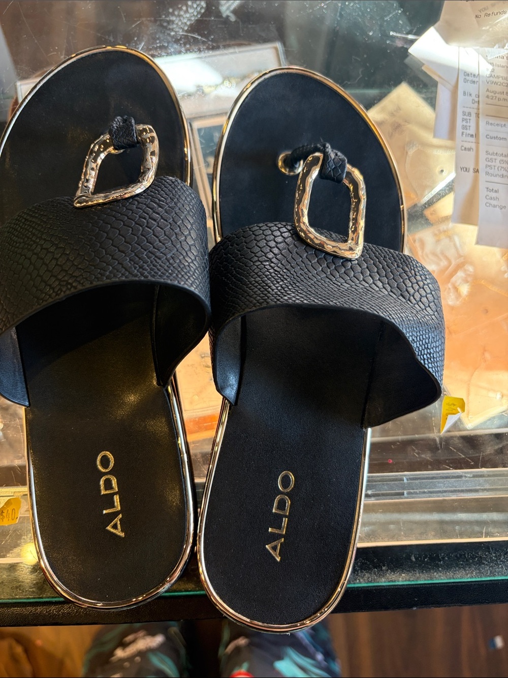 ALDO Black Slide Sandals with Gold Buckle Trim